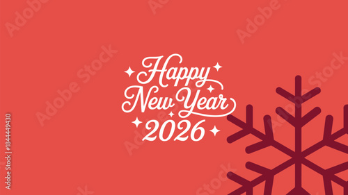 Happy new year 2026 festive script typography with decorative snowflake elements and elegant holiday lettering on red background