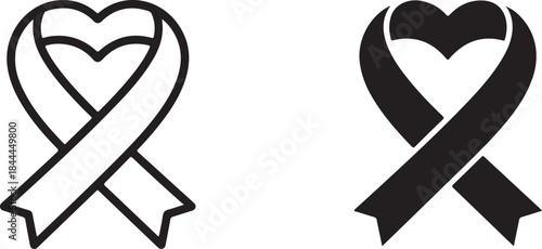 Black and white heartshaped awareness ribbon outline and solid vector icon design element for social causes