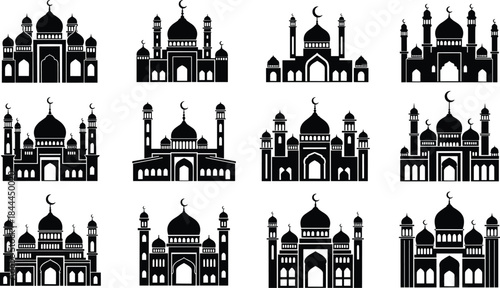 Mosque silhouette set, Islamic building vector collection, Ramadan Kareem design element, muslim prayer house illustration, black minaret and dome graphics, isolated religious architecture bundle