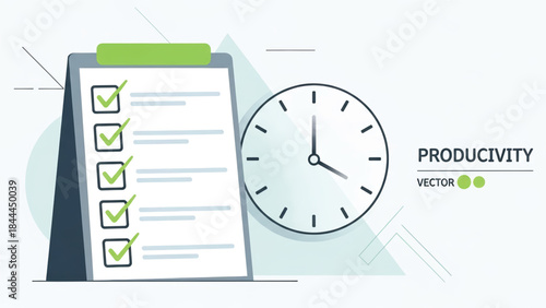 Productivity Checklist and Clock Illustration.