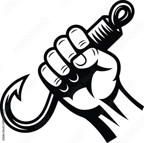 Strong Hand Holding Fish Hook Icon Illustration.