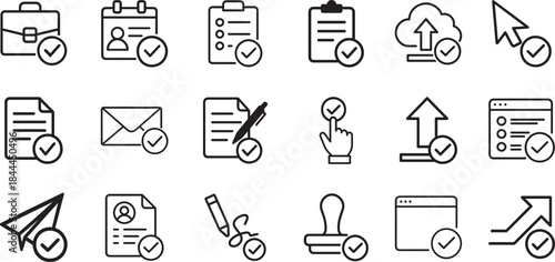 Apply icon set with submit, form, check and approval symbols in bold vector style isolated on white.