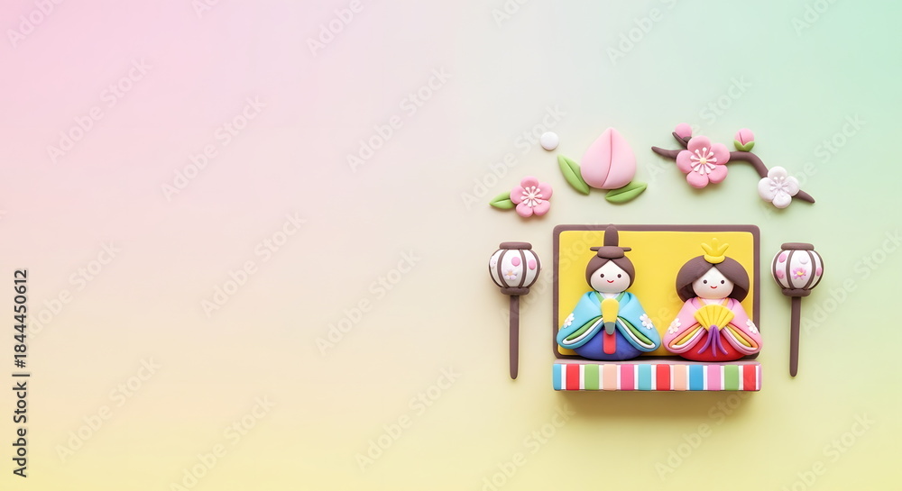 Obraz premium ひな祭りの雛人形と桃の花のかわいいクレイアート背景