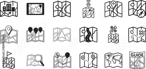 Map icon set with location, navigation, pin and route symbols in bold vector style isolated on white.