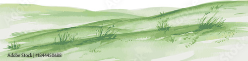 Watercolor painting of a seamless grassy landscape border with rolling green hills and soft foliage on a clean white background
