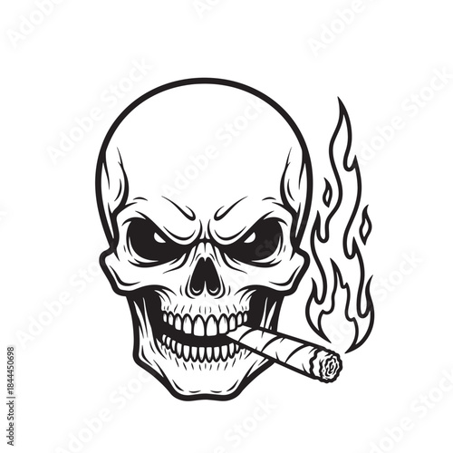 Menacing Black and White Skull Illustration with Flaming Cigar and Smoke