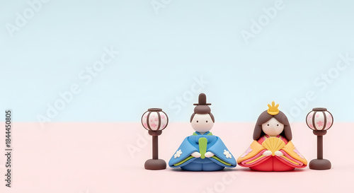 ひな祭りの雛人形と桃の花のかわいいクレイアート背景