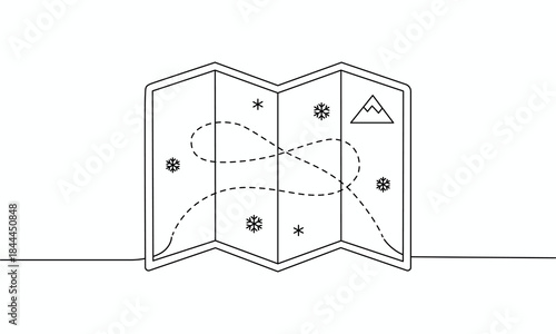 Black and white illustration of a childrens game board with snowflakes and mountain symbol