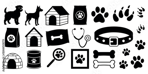 Dog pet care silhouette icons set, animal food accessories symbols