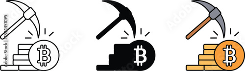 Bitcoin Mining Icons Showing Pickaxe and Stacked Coins in Three Styles Keywords: bitcoin, cryptocurrency, mining, blockchain