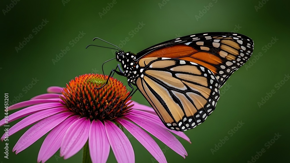 Fototapeta premium Monarch Butterfly on Purple Coneflower with Green Blurred Background