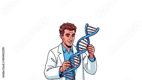 A scientist expertly examining a double helix DNA strand, symbolizing genetic research and biotechnology advancements
