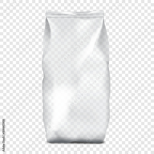 Clear plastic poly bag. Realistic vector mockup. Blank empty fin seal polythene pouch. 3d mock-up. Transparent glossy cellophane package. Template for design