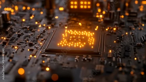 Close up of a glowing computer processor chip on a circuit board with many lights.