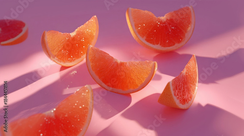 Fresh pink grapefruit slices, create long shadows on a bright background