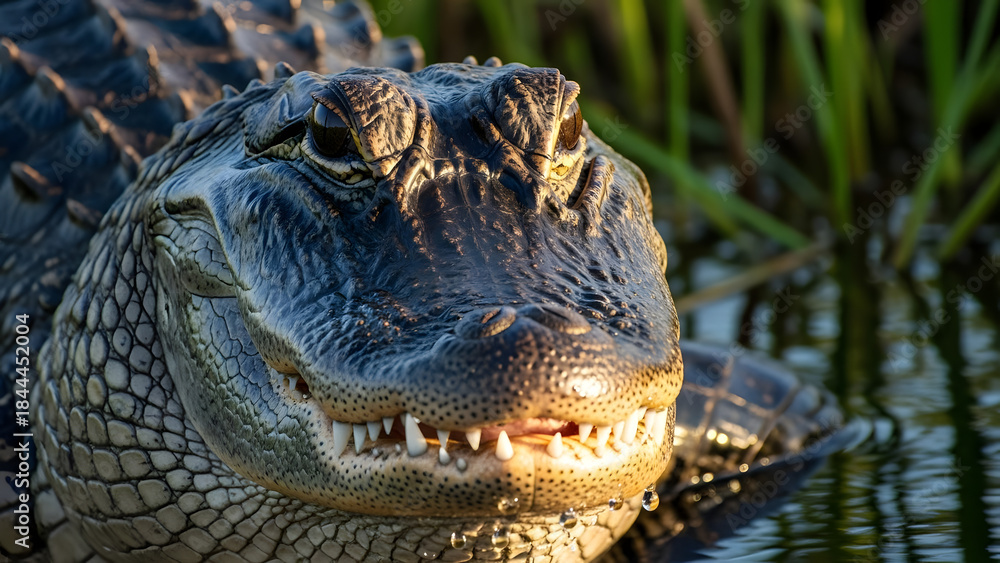 Obraz premium Close up of a caiman s face with teeth visible in murky water