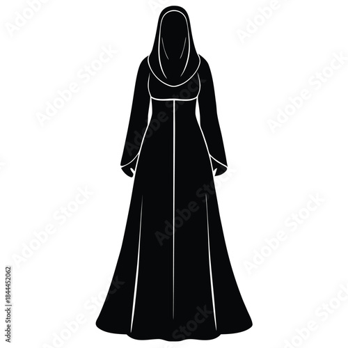 Elegant muslim women in black abayas and hijabs fashionably posed for artistic representation Flat design vector illustration white background.