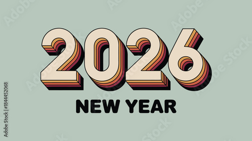 2026 new year bold retro typography with layered shadow numbers and modern vintage color palette on clean background