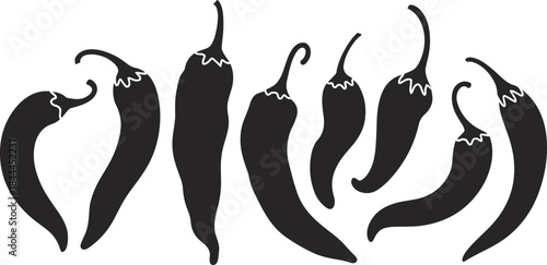 Silhouette Collection of Various Chili Pepper Shapes on White Background Keywords: chili pepper, silhouette, hot pepper, spicy