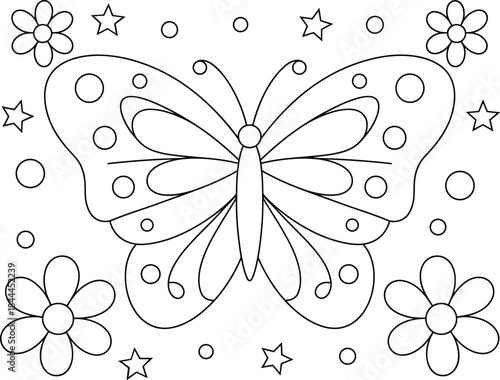 Outline drawing of a butterfly surrounded by flowers stars and circles for coloring insect illustration
