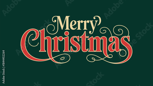 Vintage merry christmas lettering typography design with elegant decorative swirls on dark green festive background