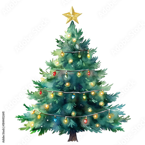 Christmas Tree With Star and Colorful Lights in Winter Setting Without People...