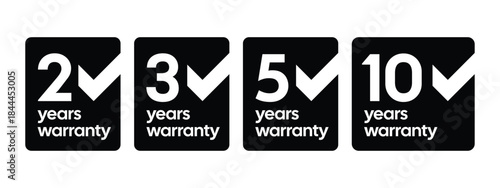 Warranty Badge Icon Set – 2 3 5 10 Years Guarantee – Black and White Vector Stock Image