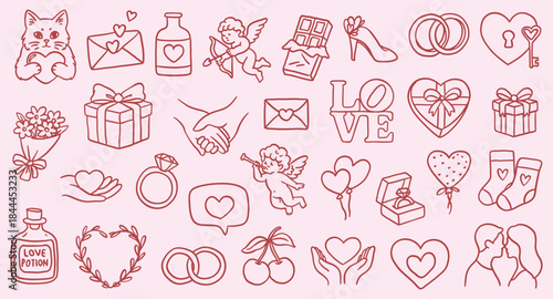 Large collection of outline (line art) illustrations and stickers on the theme of love: hearts, cupids, rings, cats, gifts, hugs, kisses. Perfect for design, print, and coloring books for Valentine's 