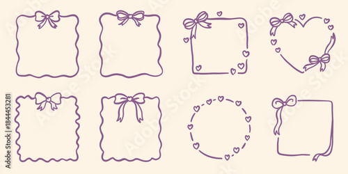 Hand drawn decorative frames with bows and hearts, cute romantic line art set for invitations, greeting cards, social media posts, scrapbooking, wedding and Valentine designs.
