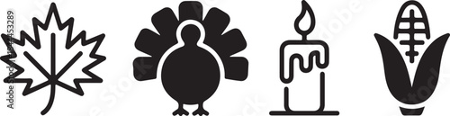 Classic autumn Thanksgiving harvest season icons featuring a maple leaf turkey candle and ear of corn vector set