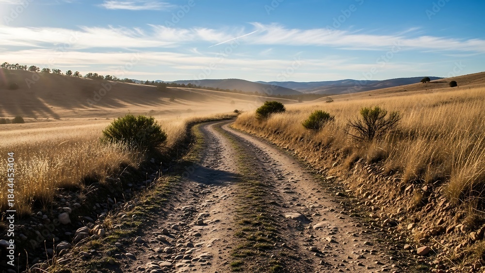 Naklejka premium Winding Dirt Road Through Golden Fields Under a Blue Sky.