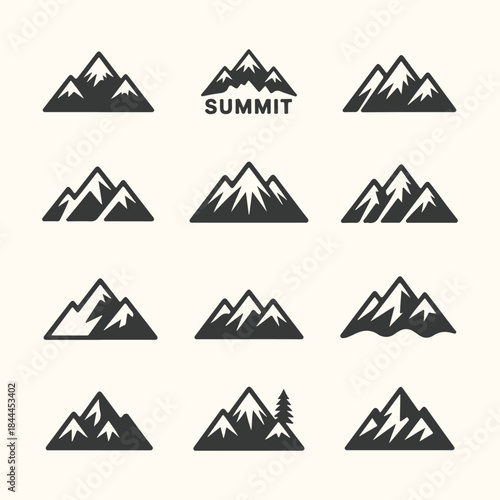 Set of Mountain Icons and Summit Symbol Illustrations peak nature