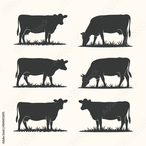 Silhouette Collection of Six Cows Grazing and Standing on Grass cattle livestock