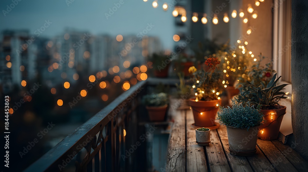 Obraz premium Cozy apartment balcony at dusk features potted plants wrapped in warm fairy lights while city lights twinkle in the distant view.