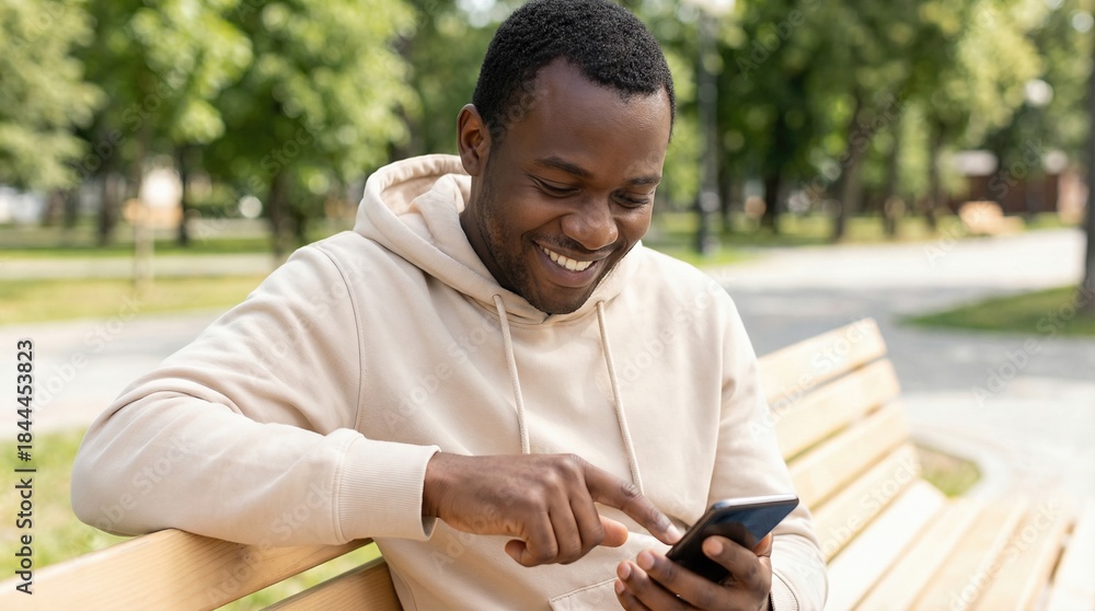 Obraz premium Black man sitting on a park bench and using his smartphone. Happy smiling African American male interacting with mobile app. Social media concept.