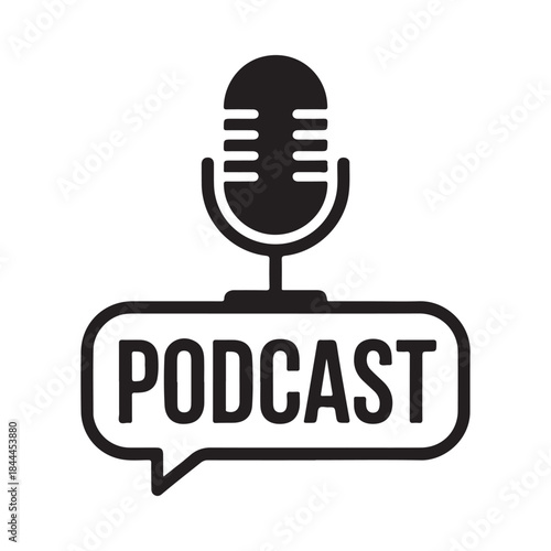 Simple black and white podcast icon featuring a microphone and speech bubble