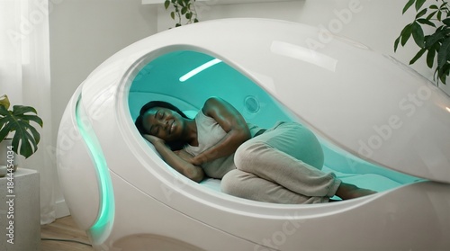Smiling african woman enjoying comfort in modern smart sleep bed. Wellness technology and relaxation for better rest and mental well-being. Modern lifestyle.