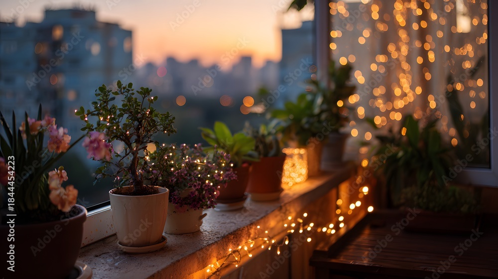Obraz premium Cozy apartment balcony at dusk features potted plants wrapped in warm fairy lights while city lights twinkle in the distant view.