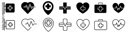 Medical cross heart health care sign symbol set first aid kit emergency pharmacy medicine help hospital design element