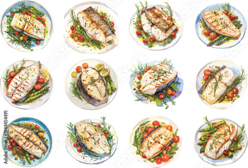 A grilled cod watercolor clipart