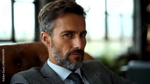 Confident Businessman Sitting in Leather Chair Looking Directly at Camera.