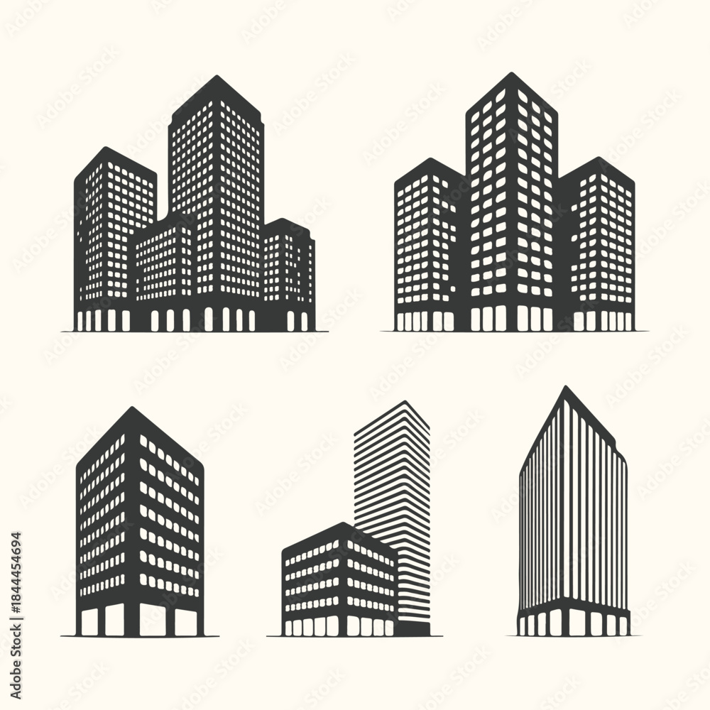 Fototapeta premium Six Stylized Black Silhouettes Of Modern City Buildings architecture skyscraper