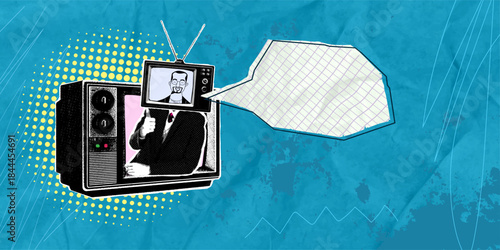A trendy pop art collage. A retro TV in halftone, a cut-out screen with an antenna instead of a head, a screaming announcer, and a speech bubble. Advertising information, news, attracting people, disc