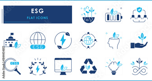 A set of flat icons related to ESG. Environment, social, energy, clean, people, and so on.