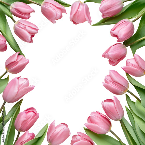 Pink Tulips Arranged in a Heart Shape With Green Leaves on a White Background