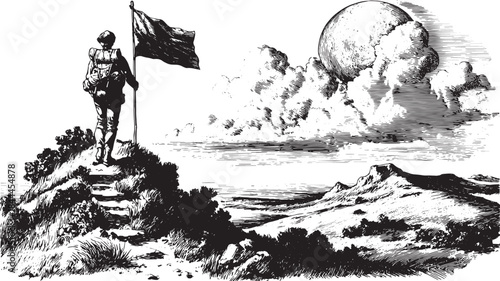 Hiker with a flag on a mountain summit. Black and white minimalist vector illustration depicting an adventurous outdoor scene.