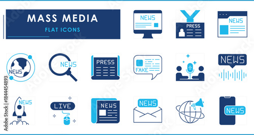 A set of flat icons related to Mass Media. Media, news, fake, earth, global, interview, search, newspaper, and so on.