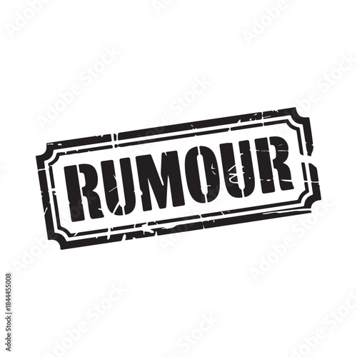 A distressed rubber stamp displaying the word rumour in bold black lettering