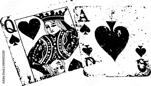 Queen and Ace of Spades playing cards set. Black and white vintage vector illustration showcasing classic card design and textured details.