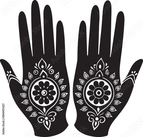 Black vector illustration of a hand with henna tattoo design, intricate art decoration and human silhouette symbol on the palm